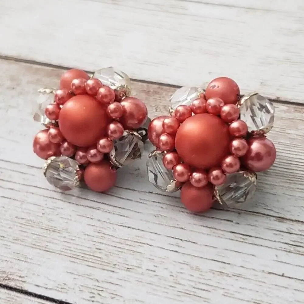 Vintage Clip On Earrings - Light Red & Clear Beaded Cluster Style 7/8